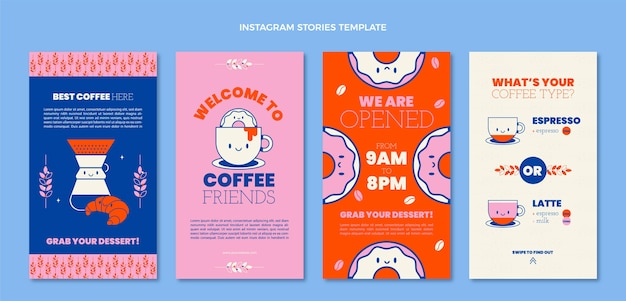 Vector gratuito colección de historias de instagram minimalistas planas para cafetería