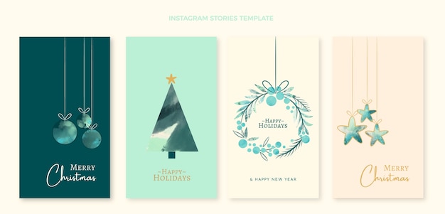 Colección de historias de instagram navideñas en acuarela