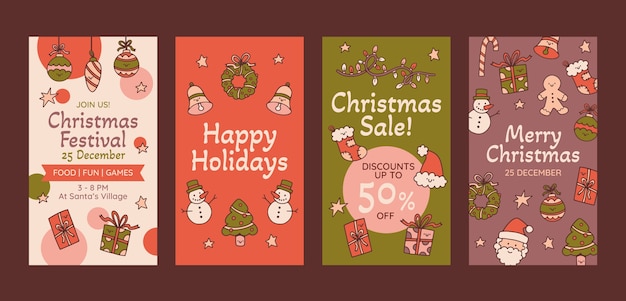 Vector gratuito colección de historias de instagram navideñas dibujadas a mano