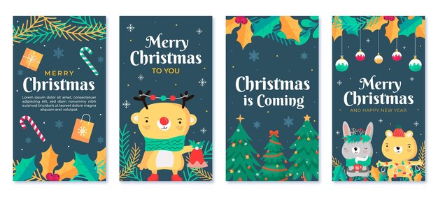 Colección de historias de instagram navideñas planas dibujadas a mano