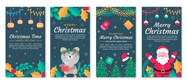 Colección de historias de instagram navideñas planas dibujadas a mano