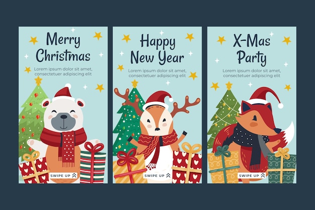 Vector gratuito colección de historias de instagram navideñas planas dibujadas a mano