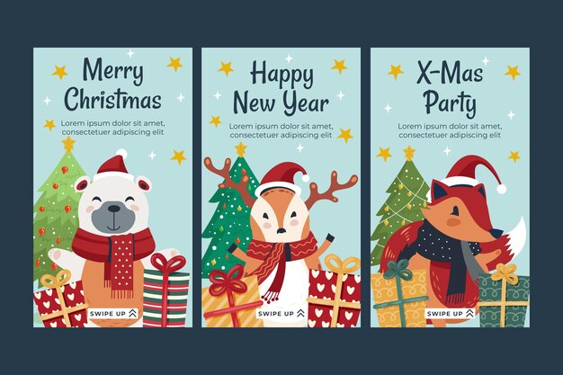 Colección de historias de instagram navideñas planas dibujadas a mano
