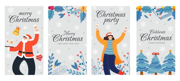 Colección de historias de instagram navideñas planas dibujadas a mano
