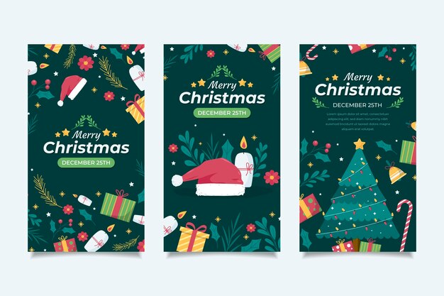 Colección de historias de instagram navideñas planas dibujadas a mano