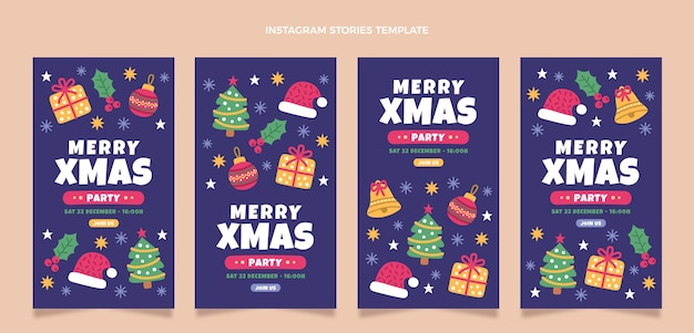 Colección de historias de instagram navideñas planas dibujadas a mano
