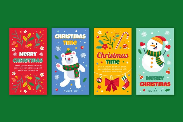 Colección de historias de instagram navideñas planas dibujadas a mano