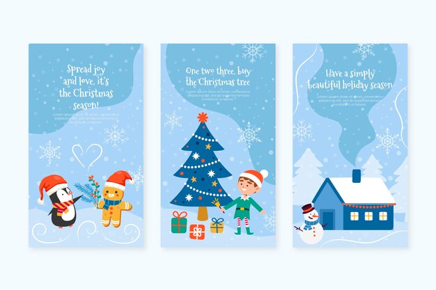 Colección de historias de instagram navideñas planas dibujadas a mano