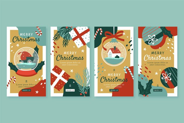 Colección de historias de instagram navideñas planas dibujadas a mano