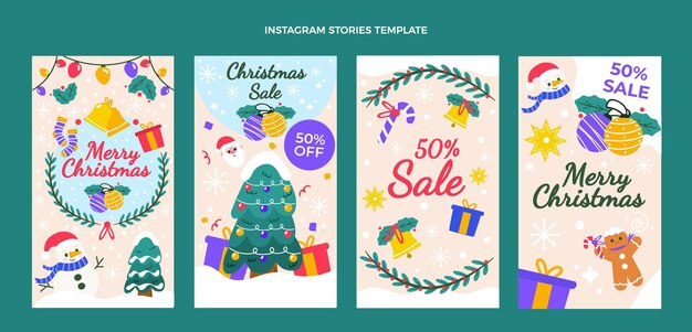 Colección de historias de instagram navideñas planas dibujadas a mano