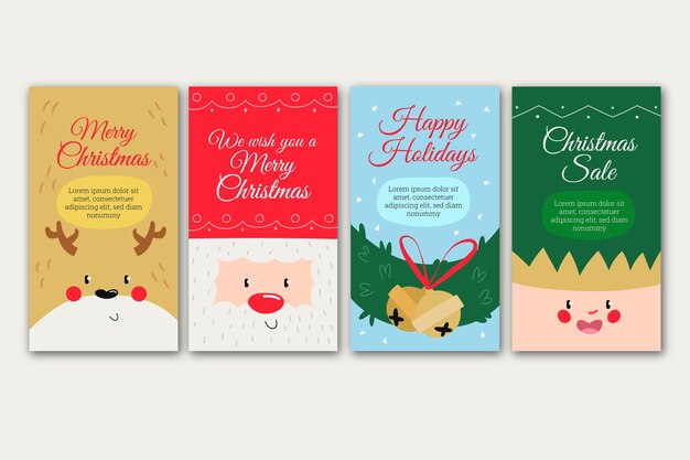 Colección de historias de instagram navideñas planas dibujadas a mano