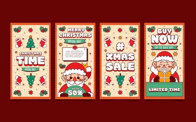 Vector gratuito colección de historias de instagram navideñas planas dibujadas a mano