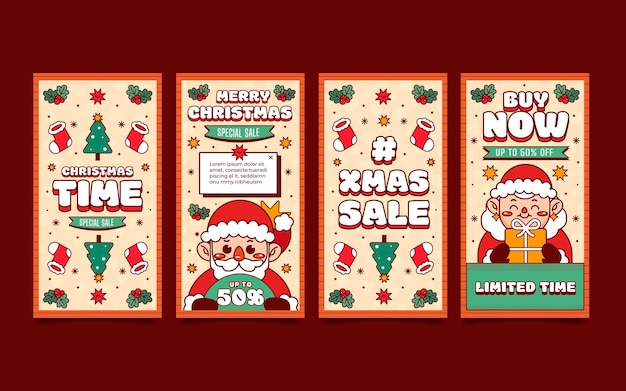 Colección de historias de instagram navideñas planas dibujadas a mano