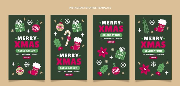 Colección de historias de instagram navideñas planas dibujadas a mano
