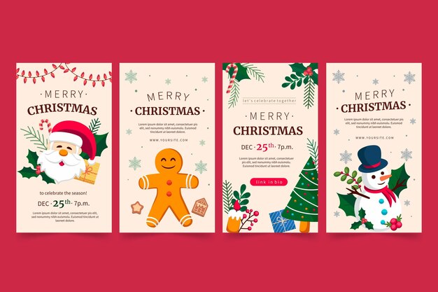Colección de historias de instagram navideñas planas dibujadas a mano