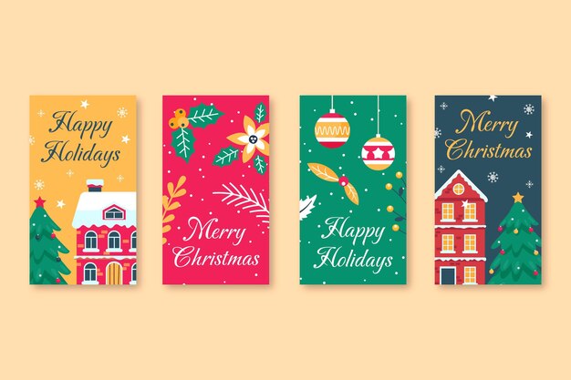 Colección de historias de instagram navideñas planas dibujadas a mano