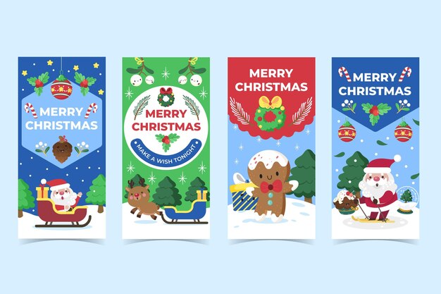 Colección de historias de instagram navideñas planas dibujadas a mano