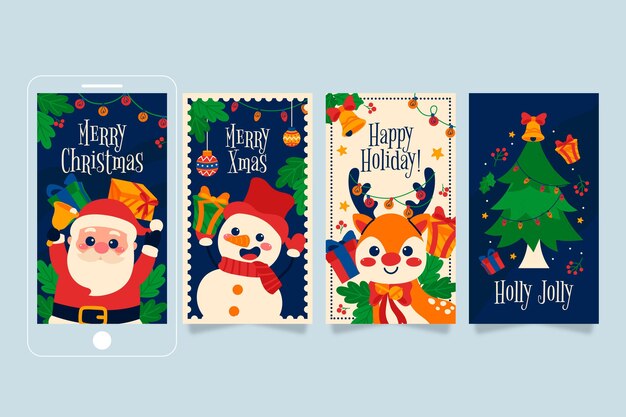 Colección de historias de instagram navideñas planas dibujadas a mano