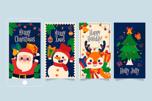 Colección de historias de instagram navideñas planas dibujadas a mano