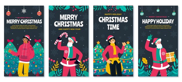 Colección de historias de instagram navideñas planas dibujadas a mano