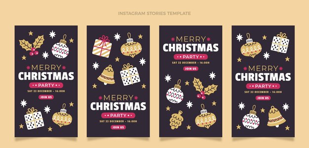 Colección de historias de instagram navideñas planas dibujadas a mano