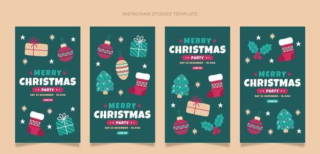 Colección de historias de instagram navideñas planas dibujadas a mano