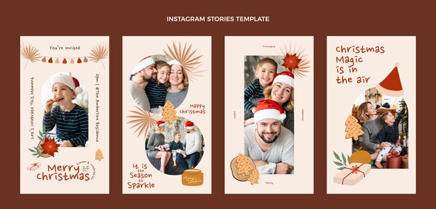 Colección de historias de instagram navideñas planas dibujadas a mano