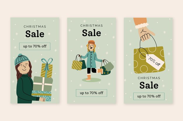 Colección de historias de instagram navideñas planas dibujadas a mano