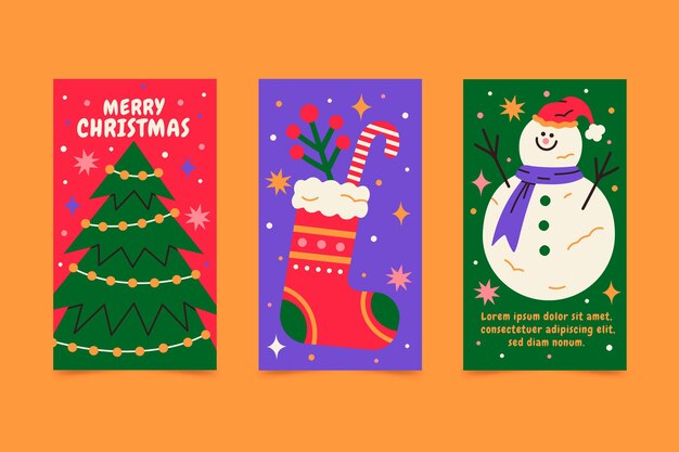 Colección de historias de instagram navideñas planas dibujadas a mano