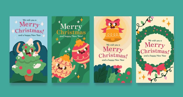 Colección de historias de instagram navideñas planas dibujadas a mano