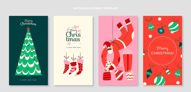Colección de historias de instagram navideñas planas dibujadas a mano