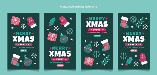 Colección de historias de instagram navideñas planas dibujadas a mano