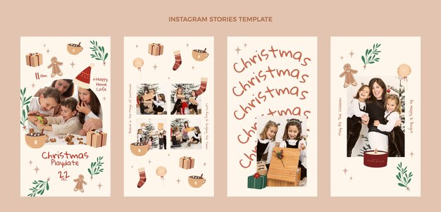 Colección de historias de instagram navideñas planas dibujadas a mano