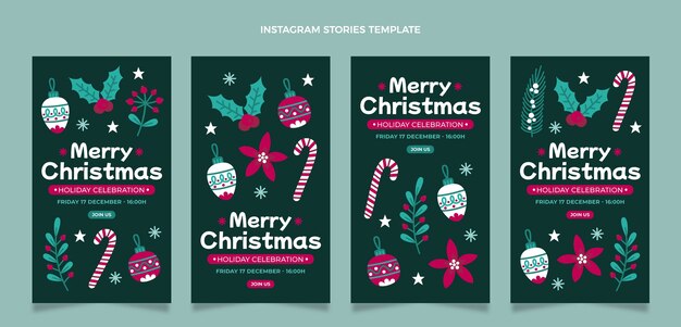 Colección de historias de instagram navideñas planas dibujadas a mano