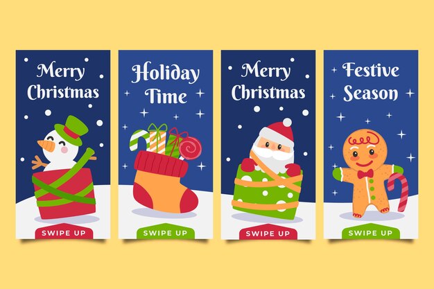 Colección de historias de instagram navideñas planas dibujadas a mano