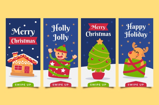 Colección de historias de instagram navideñas planas dibujadas a mano