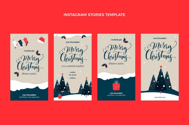 Colección de historias de instagram navideñas planas dibujadas a mano