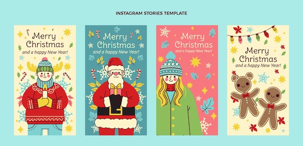 Vector gratuito colección de historias de instagram navideñas planas dibujadas a mano