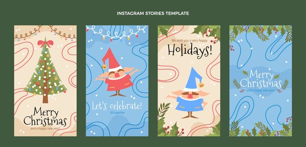 Colección de historias de instagram navideñas planas dibujadas a mano