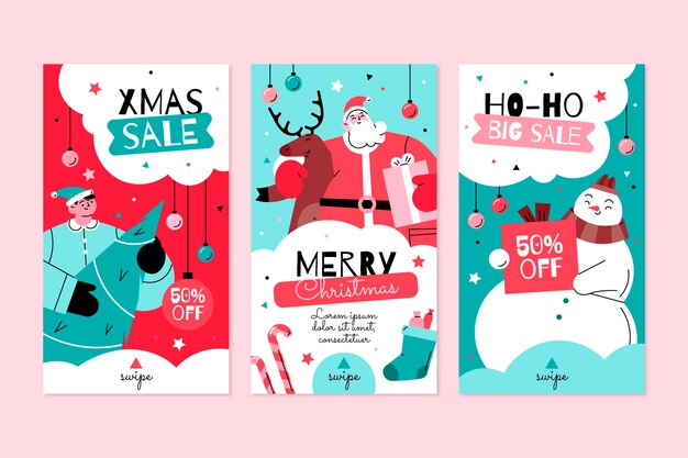 Colección de historias de instagram navideñas planas dibujadas a mano