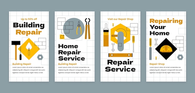 Vector gratuito colección de historias de instagram de negocios de taller de reparación plana