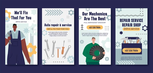 Colección de historias de instagram de negocios de taller de reparación plana