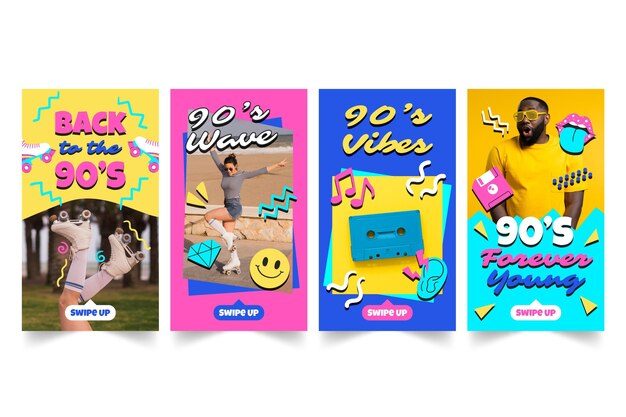 Colección de historias de instagram nostálgicas de los 90 dibujadas a mano con foto