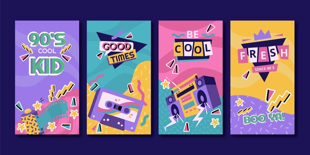Colección de historias de instagram nostálgicas de los 90 dibujadas a mano