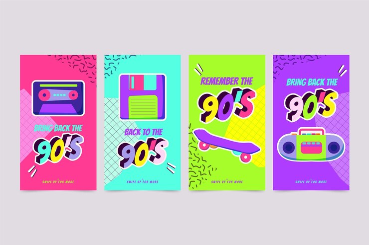Vector gratuito colección de historias de instagram nostálgicas de los 90 dibujadas a mano