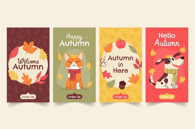 Colección de historias de instagram de otoño planas dibujadas a mano