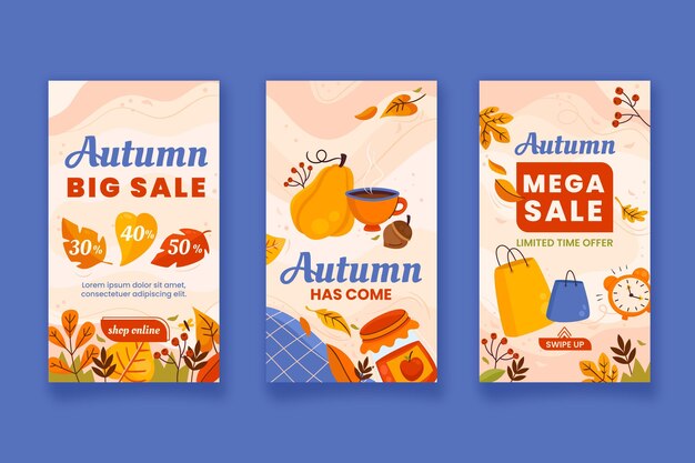 Colección de historias de instagram de otoño planas dibujadas a mano