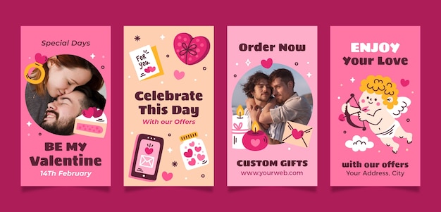 Colección de historias de instagram planas para la celebración del día de san valentín