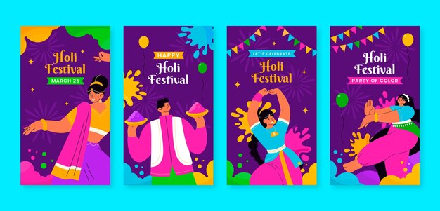 Colección de historias de Instagram planas para la celebración del festival de Holi.