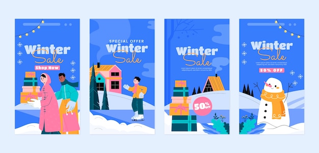 Colección de historias de instagram planas de invierno